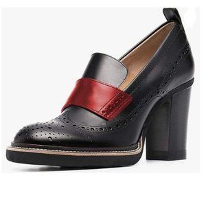 YDN Black And Red Chunky High Heels Round Toe Oxford Loafer